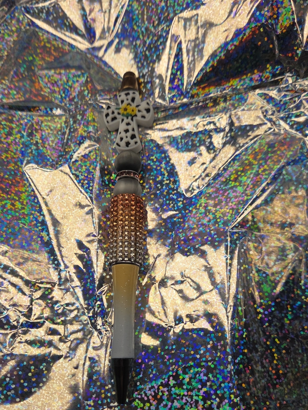 Decorative Rhinestone Cross Pen - Bronz and White